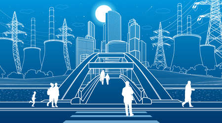 Cityscape sketch. Pedestrian bridge over the river. Power lines. Night modern city. Infrastructure town illustration. People walking at street. Vector design outline artのイラスト素材