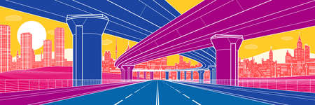 Colorful city architecture and infrastructure illustration, automotive overpass, big bridges, urban scene. Night town. White outlines on color background. Vector design artのイラスト素材