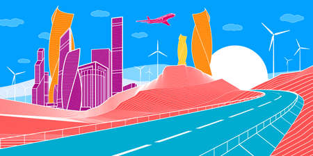 Highway in mountains. Tower and skyscrapers, modern city, business buildings. Colorful landscape. White lines on color background. Windmills power. Vector design artのイラスト素材