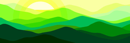 Multicolor sunset in the mountains. Panorama, translucent waves, abstract green glass shapes, modern background, vector design Illustration for you projectのイラスト素材