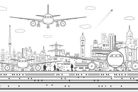 airport illustration. The plane is on the runway. aviation transport infrastructure. Airplane fly, people get on the plane. Modern city at white background, black outline, vector design artのイラスト素材