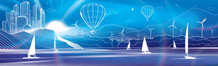 White outline neon glow illustration. View from river to night city. Hot air balloon flying over the...