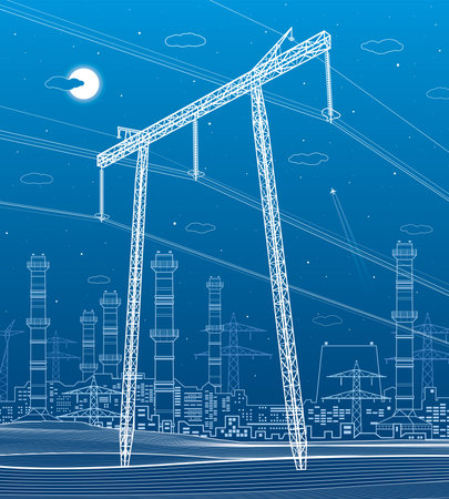 High voltage transmission systems. electric pole. power lines. A network of interconnected electrical. city scene. White lines on blue background. Vector design illustrationのイラスト素材