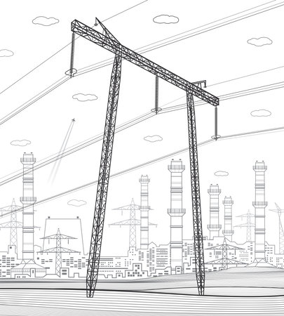 High voltage transmission systems. electric pole. power lines. A network of interconnected electrical. city scene. Black lines on white background. Vector design illustrationのイラスト素材