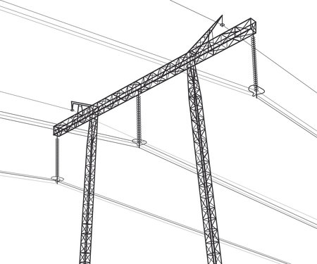 High voltage transmission systems. electric pole. power lines. A network of interconnected electrical. city scene. Black lines on white background. Vector design illustrationのイラスト素材