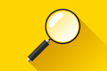 Search loupe icon in flat style, magnifying glass on yellow background. zoom tool. Black magnifier. Vector design object for you projectのイラスト素材