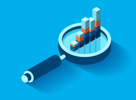 Magnifying glass icon in flat style. Search loupe and diagrams on color background. zoom progress chart. business analytic illustration. vector design object for you projectのイラスト素材
