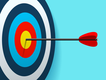 Target icon in 3d flat style on color background. Arrow in the center aim. Vector design element for you business projectsのイラスト素材