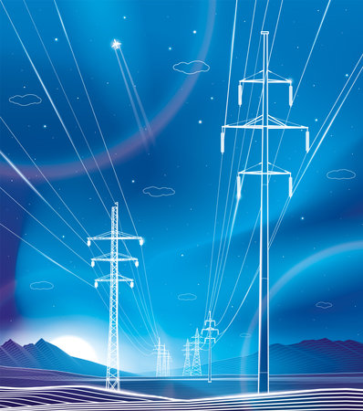 High voltage transmission system. Electricity. neon glow. city energy infrastructure. night landscape. power lines. Network interconnected electrical. White lines on blue backgroundのイラスト素材