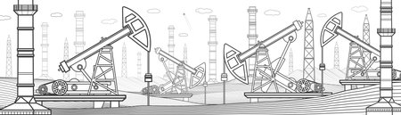 Power plant, petroleum industry. oil pumps. Pipes and power. Factory energy infrastructure. Black outline illustration. urban scene. Vector design artのイラスト素材