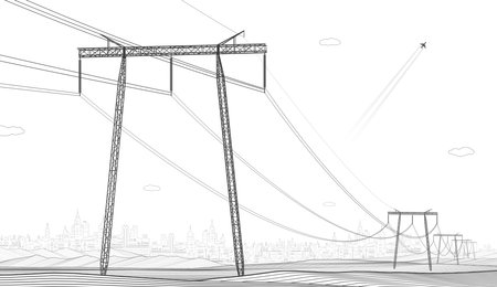 High voltage transmission systems. electric pole. power lines. A network of interconnected electrical. energy pylons. city electricity infrastructure. Gray lines on white backgroundのイラスト素材