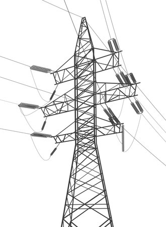 High voltage transmission systems. electric pole. power lines. A network of interconnected electrical. energy pylons. city electricity infrastructure. Gray lines on white backgroundのイラスト素材