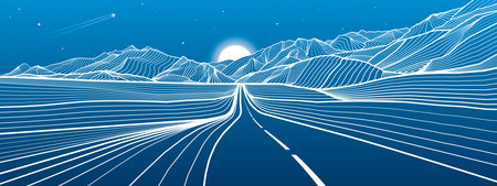 Road in the mountains. Outline illustration on blue background. Night landscape. Snow hills. Moon and stars. Vector design artのイラスト素材