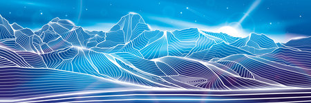 Mountains night landscape panoramic. Outline illustration on blue background. Neon glow illumination. Amazing moonlight. Snow hills. Vector design artのイラスト素材