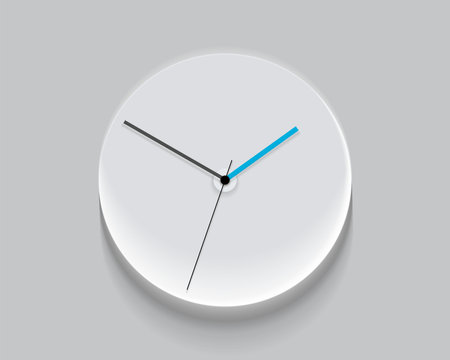 Simple light classic clock in realistic flat style, with a blue arrow. Time on white background....