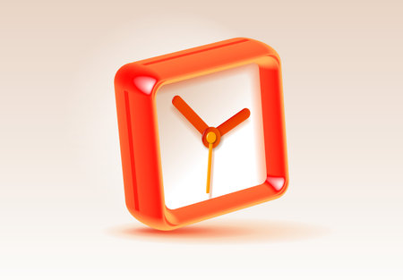 Square clock icon in 3d vector style, with gloss effect. Orange time on light background. Color watch. Vector design element for you modern projectのイラスト素材