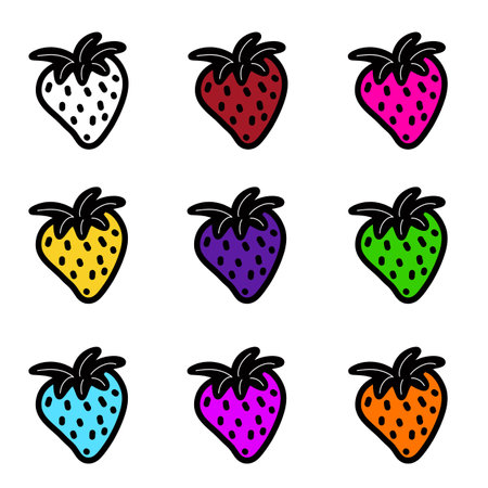 A collection of colored strawberry icons in an abstract style. June strawberry vector. Hand-drawn design. A scribble sketch. Vector illustration.のイラスト素材