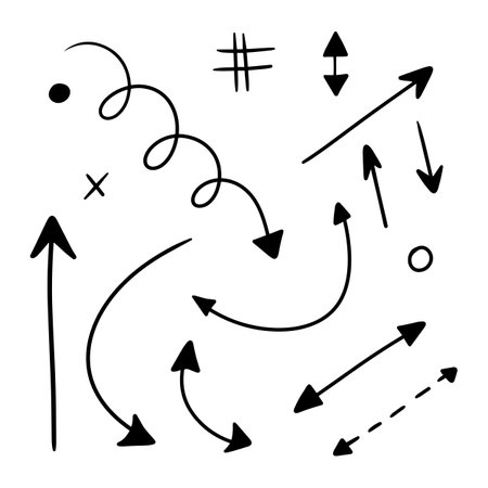 A set of arrows drawn by hand with a pen or marker with filled ends. A set of black arrows on a white background drawn in a notebook.のイラスト素材