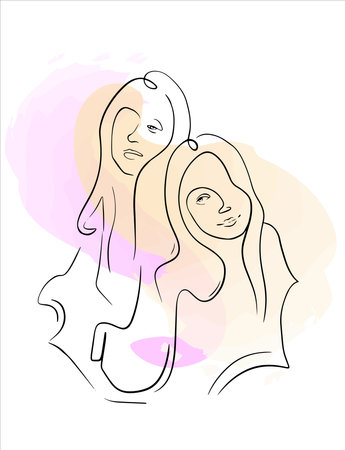 A couple of two girls in love. Abstract drawing with one line. Abstract outline of a couple in love on a pastel background.のイラスト素材