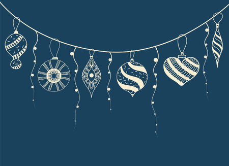 Postcard with a garland for Christmas or New Year greetings. Garland with Christmas decorations on blue background.のイラスト素材