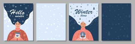 Modern universal art templates. Corporate holiday cards with a person, a gift, Christmas trees, snowflakes and snow. Blue backgroundのイラスト素材
