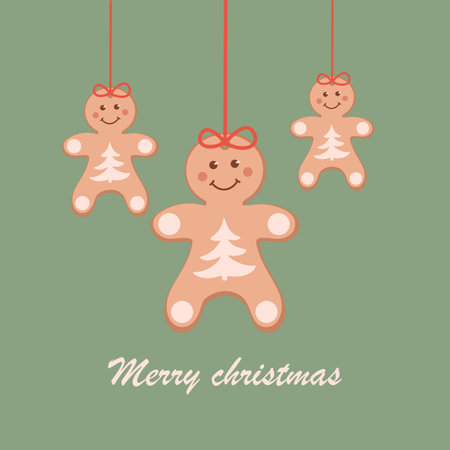 Postcard with 3 Ginger men with a bow on a green background Postcard, post, banner, Christmas tree toy. The inscription Merry Christmas.のイラスト素材