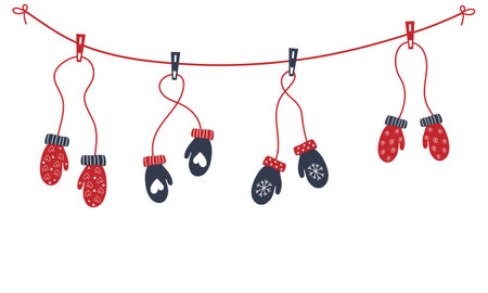 Red and blue mittens are hung on clothespins with a winter ornament. Garland of mittens. Cozy winter clothesのイラスト素材