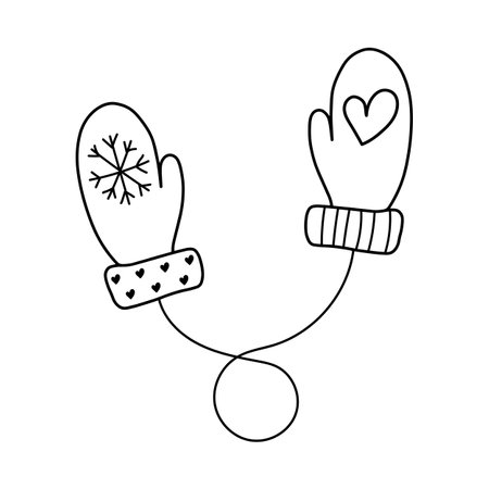 Insulated mittens on a string with a snowflake and a heart. For decoration, coloring, single objectのイラスト素材