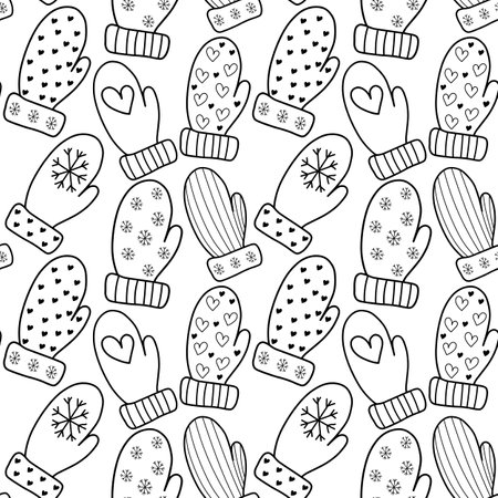 Mittens in black and white on a white background for coloring, pattern, background, banner. Seamless Patternのイラスト素材