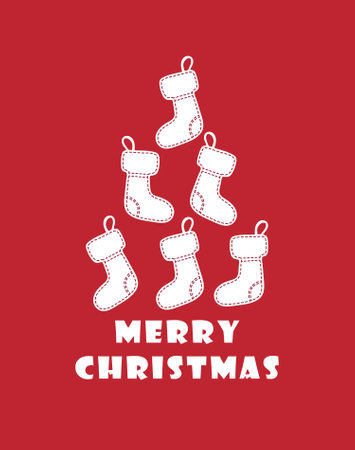 Happy New Year greetings on a red background with Santa's socks hanging. Merry Christmas and christmas treeのイラスト素材
