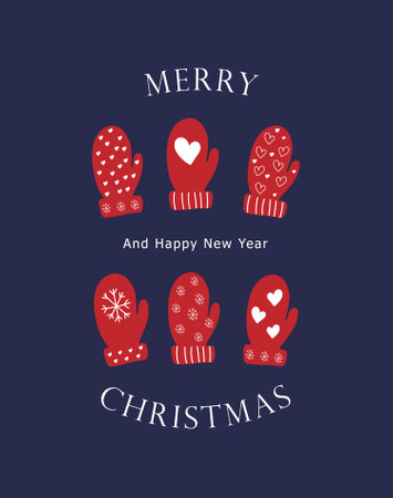 Merry Christmas and Happy New Year. Mittens with vintage winter ornament. Blue background and red mittensのイラスト素材