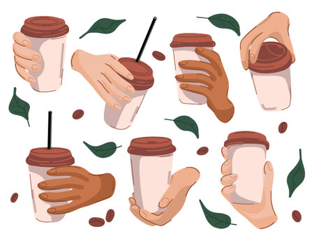 Set of hands in different positions of people of different nationalitiesのイラスト素材