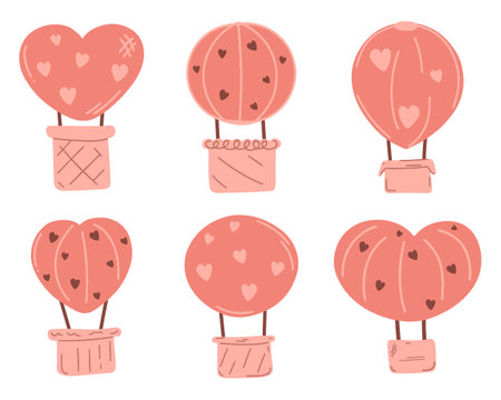 Six pink balloons with baskets . Balloons of different shapesのイラスト素材