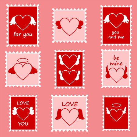 Pink and red postcards and stamps for couples in loveのイラスト素材