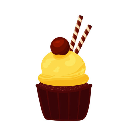 Chocolate cupcake with a cream cap. Food illustrationのイラスト素材