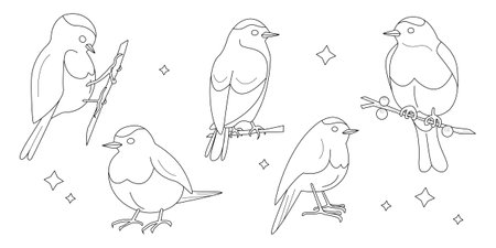 Set of five silhouettes of small birdsのイラスト素材