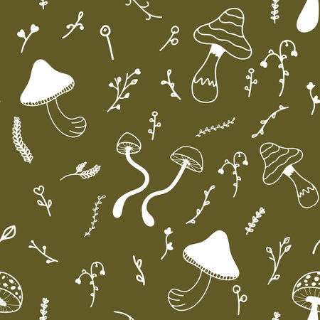Seamless autumn and summer pattern with mushrooms and leavesのイラスト素材