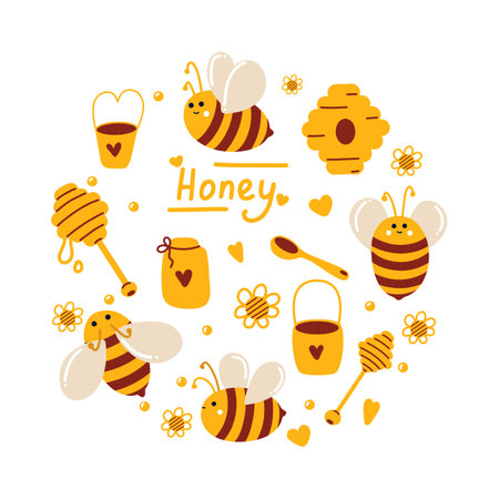 Honey set with bees, daisies, spoons, nectar, arranged in circle for unique postcard designのイラスト素材