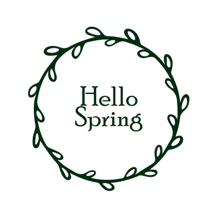 The inscription hello spring in round floral frame on white background for spring designs.のイラスト素材