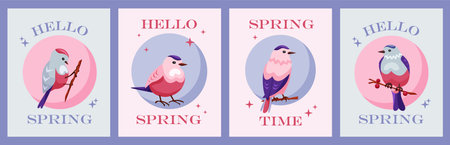 Hello spring. Greeting card with the beginning of spring on violet background. Cute little bird