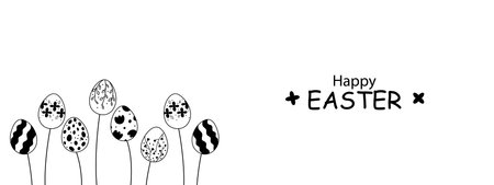 Doodle banner for Easter decoration.Silhouettes of Easter eggs growing like flowers in vintage styleのイラスト素材