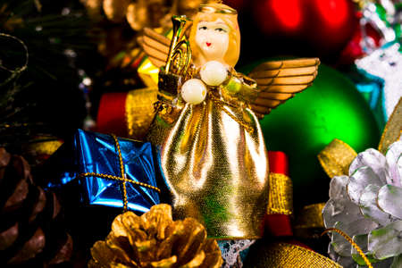 Christmas decoration on green background.の写真素材