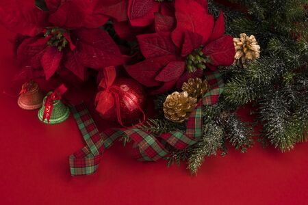 Christmas decoration on red background./ Christmas decorationの写真素材