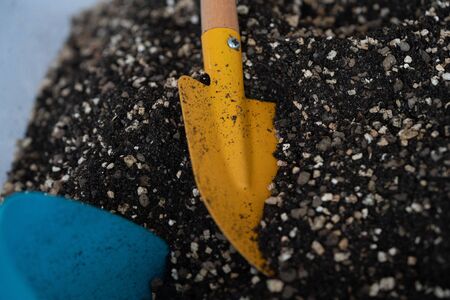 Soil and shovel in the gardenの写真素材