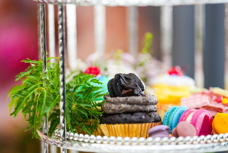 Afternoon Tea or High Tea Display in the silver rack with flowers, macaron, scone, cake, cup cakes, on colorful backgroundの写真素材