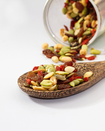 Organic mixed nut on white backgroundの写真素材