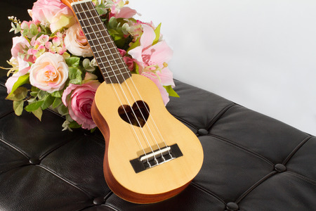 Ukulele and beautiful flower on leather arm chair