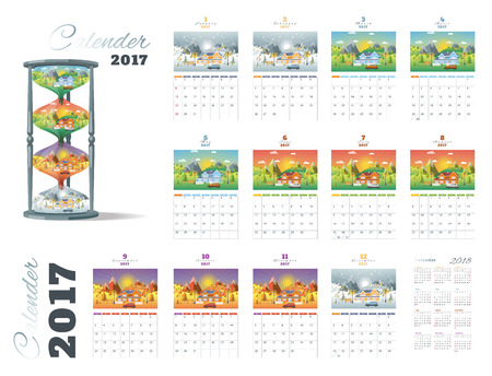 calender 2017 on landscape seasons set with Winter, Spring, Summer, Autumn.のイラスト素材