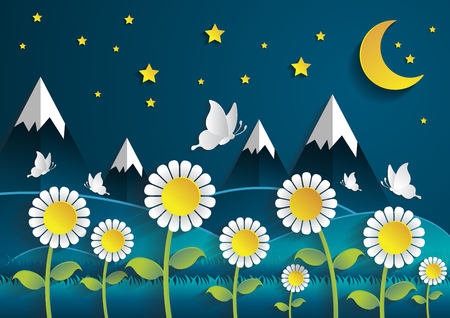 nighttime Sunflower field with summer season.paper art style.のイラスト素材