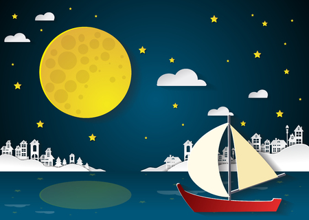 sailing boat at nighttime with full moon and cityscapes.paper cut style.のイラスト素材